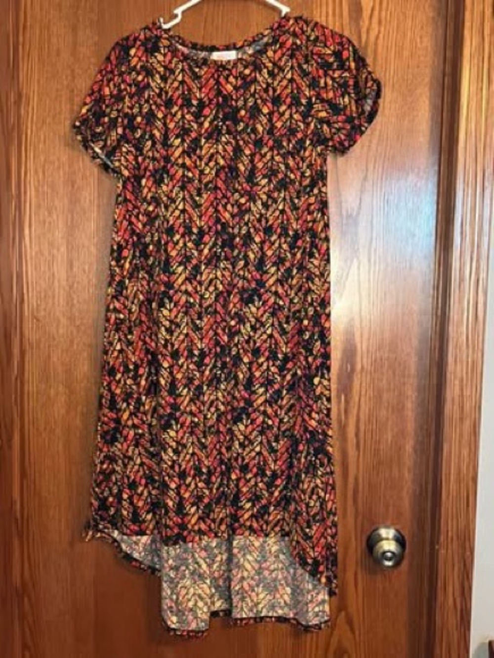LuLaRoe Black Midi Dress with Red, Orange and Yellow Leaf Print